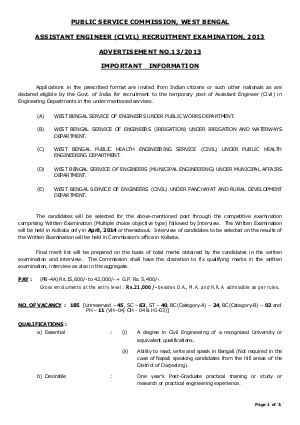 West Bengal PSC Notified for Assistant Engineer Civil Recruitment Examination 2013 