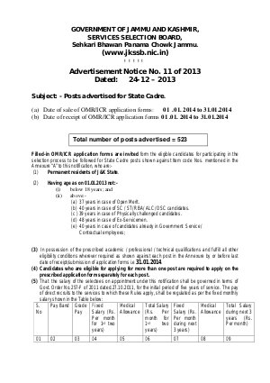 J&K Services Selection Board Notified Recruitment for 523 State Cadre posts 2013