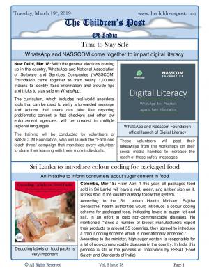 Digital Literacy and Food Safety - The Children's Post, 19th March, 2019