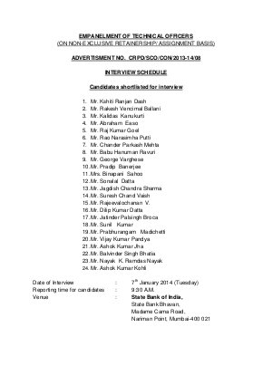 SBI Technical Officers Recruitment 2013: Interview Schedule