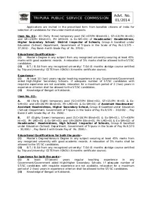TPSC Notified Recruitment to 178 Headmaster/ Headmistress Posts 2014
