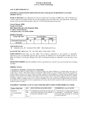 Punjab & Sind Bank Notified Recruitment for 03 Posts of Chartered Accountant 2013