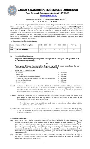 Jammu & Kashmir Public Service Commission Notified Recruitment for the Posts of Works Manager 2013