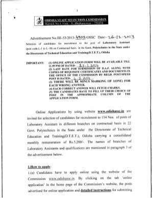 Odisha SSC Notified Recruitment to the 154 Posts of Laboratory Assistant 2014