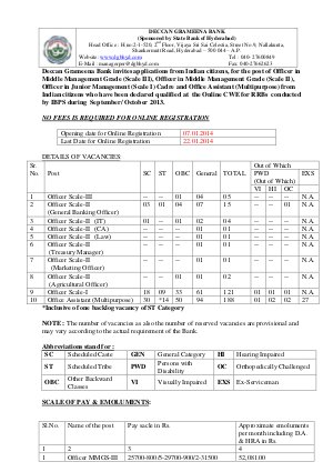 Deccan Grameena Bank notified recruitment for Officer & Office Assistant posts 2014