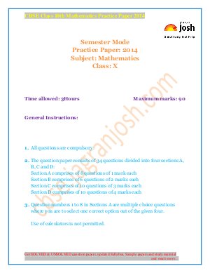 CBSE Class 10th Mathematics Practice Paper 2014