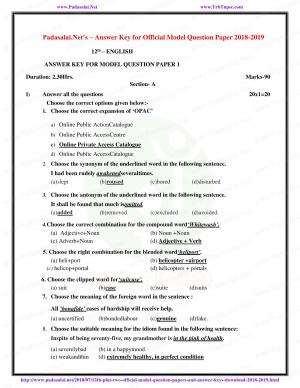 12th English - Answer Key 2019 for Official Model Questions Paper 1,2,3  | Mr. R. Hendry Earnest Raja - English Medium