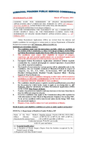 Himachal Pradesh PSC Notified Recruitment for 40 Various Posts 2014