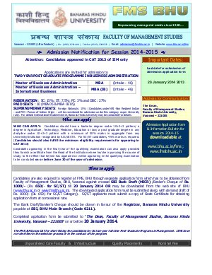 BHU Varanasi Application for MBA Programme Admission Notification 2014-15
