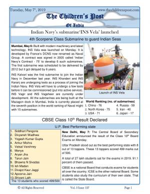 INS Vela and CBSE Class X results - May 7th, 2019