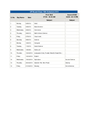 UP Board Class 10th Schedule 2014
