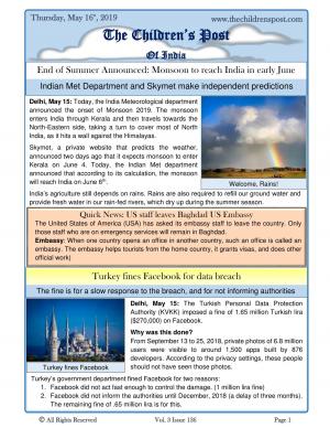 When is the Indian monsoon coming, and Turkey's fine on Facebook - May 16th, 2019