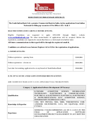 Detailed Notification for South Indian Bank Probationary Officer