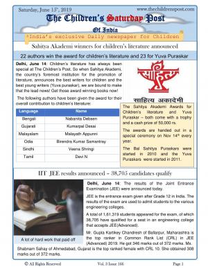 Sahitya Akademi Bal Puraskar and JEE Results - June 15th, 2019