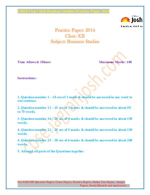 CBSE Class 12th Business Studies Practice Paper Board Pattern 2014