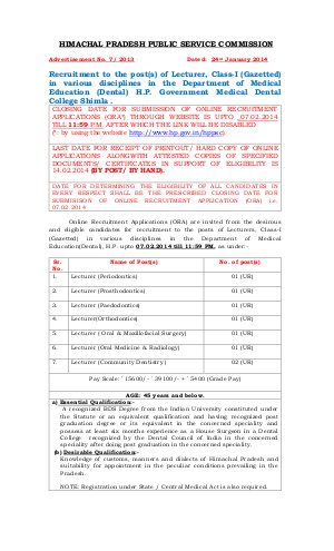 Himachal Pradesh PSC Notified Recruitment to the Post of Lecturers 2014