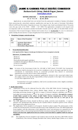 J and K PSC Notified Recruitment for Assistant Floriculture Officer 2014
