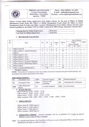 Tripura Gramin Bank Notified Recruitment for Officer & Office Assistant Posts 2014