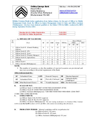 Odisha Gramya Bank Notified Recruitment for Officer & Office Assistant posts 2014