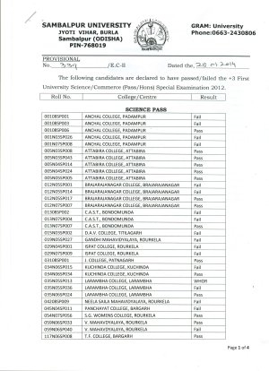 Result for Sambalpur University +3 Special Exam 2012: First Year