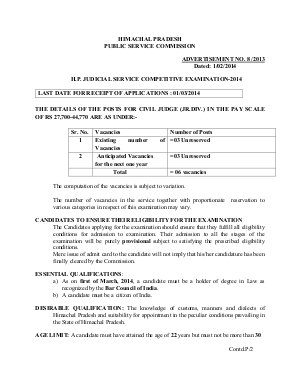 Himachal Pradesh PSC Notified For H.P. Judicial Service Competitive Exam 2014 
