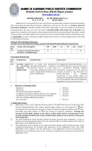 Notification JKPSC Lecturer Posts 2014