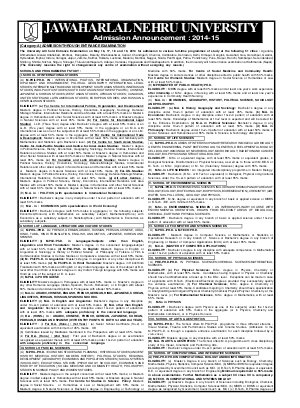 Jawaharlal Nehru University Notified Admissions for Session 2014-15