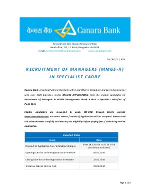 Canara Bank Notified Recruitment for 116 MMGS-II posts 2014