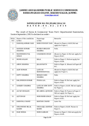 JKPSC Excise & Commercial Taxes Part I Departmental Examination Result