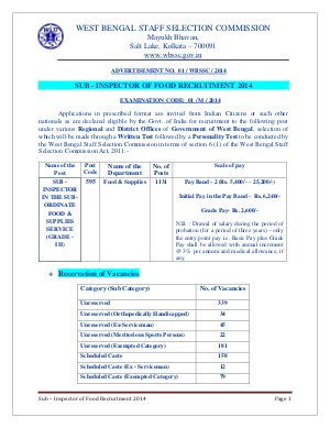 West Bengal SSC Notified Recruitment for Sub Inspector 2014