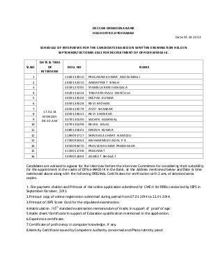 Interview list Deccan Grameena Bank Officer Scale III IBPS