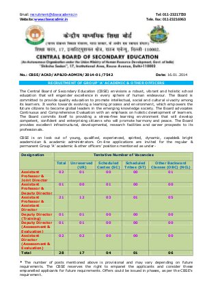 CBSE invites Application for Recruitment of Regular & Permanent Group A Officers