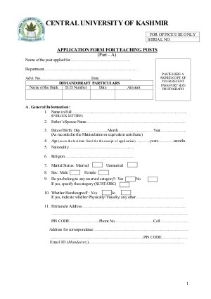 Central University of Kashmir Application Form for 28 Teaching Posts 2014