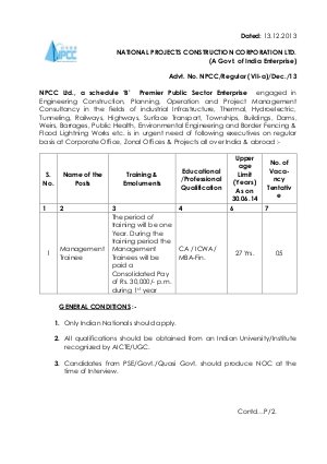NPCC Notified Recruitment for Management Trainee Posts