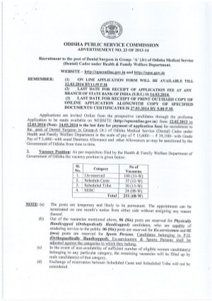 OPSC Recruitment for 211 Dental Surgeon Group A Jr Vacancies 2014