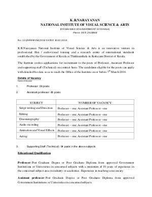 K.R. Narayanan NIVSA Notified Recruitment for Professor, Assistant Professor and supporting staff (Technical) 2014