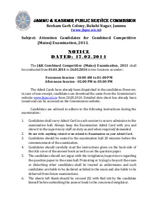 JKPSC Issued J&K Combined Competitive Main (Written) Examination, 2013 Admit Card