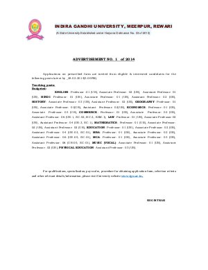 Indira Gandhi University, Rewari Notified Recruitment 74 teaching faculty Posts 2014