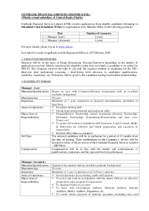 Centbank Financial Services Limited Notified Recruitment for 02 Various Post 2014
