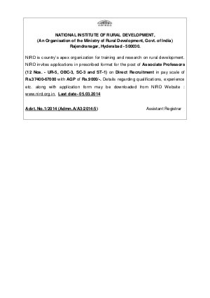 National Institute of Rural Development Notified Recruitment for 12 Associate Professor 2014