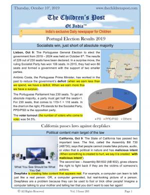Portugal Elections and California Deepfake Laws - 10th October 2019