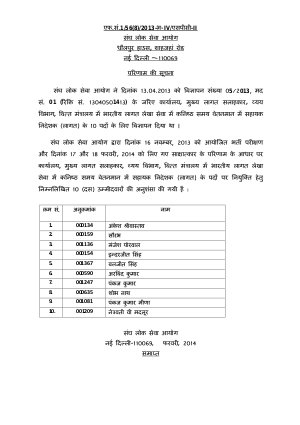 UPSC Assistant Director Cost Exam Result Declared