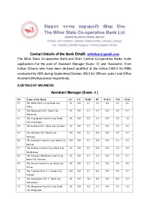 Bihar State Co-operative Bank Notified Recruitment for ‘Asst Manager (Scale –I) and Assts.2014