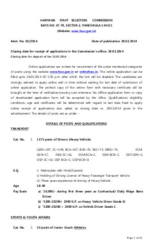 HARYANA STAFF SELECTION COMMISSION BAYS NO. 67-70, SECTOR-2, PANCHKULA-134151