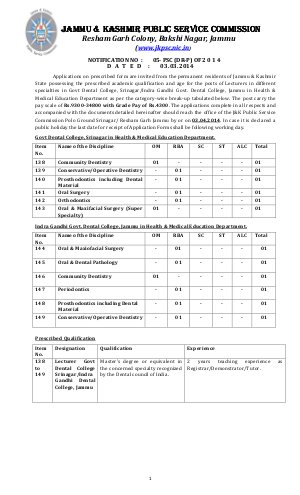 Jammu & Kashmir PSC Notified Recruitment to the 12 Posts of Lecturer 2014