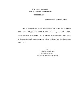 HPPSC Postponed Date of Screening Test for the Post of Medical Officer