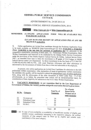 OPSC Notified for Odisha Judicial Service Exam 2014