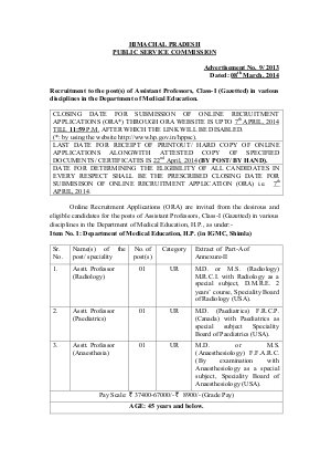 HPPSC Recruitment to the Post of Assistant Professors 2014