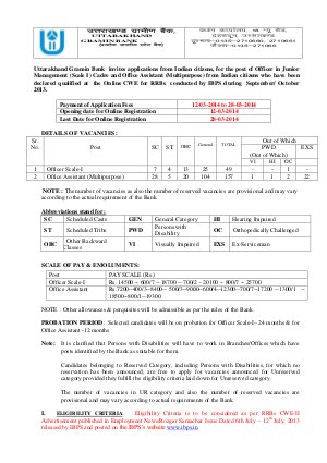 Uttarakhand Gramin Bank Notified Recruitment for 206 Officer & Office Assistant posts 2014
