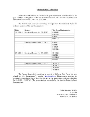 SSC Released Answer key for Multi Tasking (Non-Technical) Staff Exam 2014